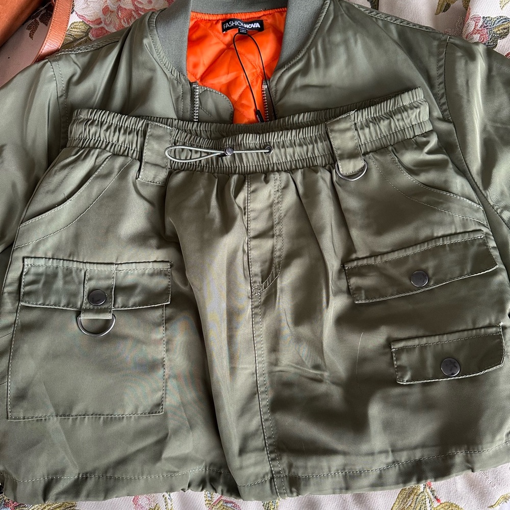 Fashion Nova Olive Green Got to Get Away Bomber Skirt Set - Picture 7 of 11